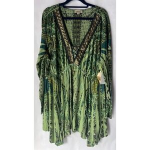 One World Women's Green‎ Boho V-Neck Embellished Tunic Top 2X